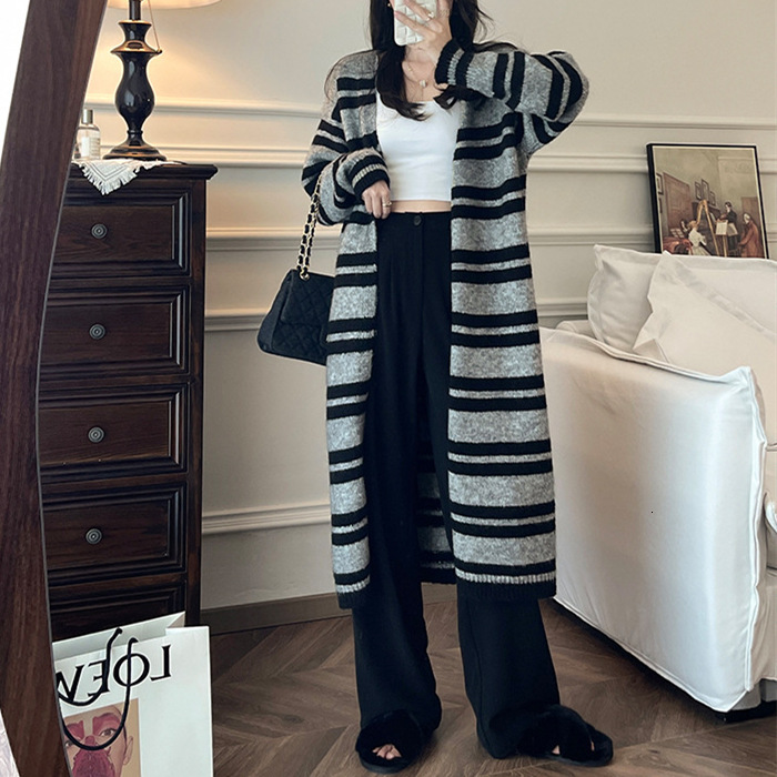 Striped Sweater Jacket In Autumn Winter Loose And Lazy Style Casual Mid To Long Knitted Cardigan For Women F1101#39