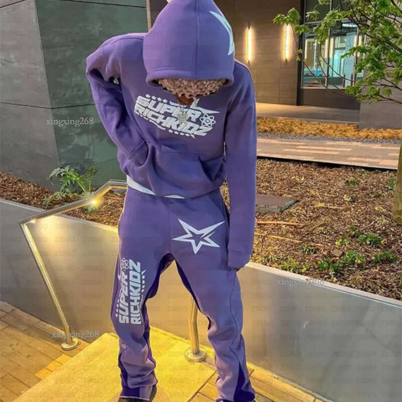 Trendy Men's Sportswear Star Letter Print High Street Hip Hop Men's Sports Casual Hoodie Flared Sweatpants Two Piece Set Streewear