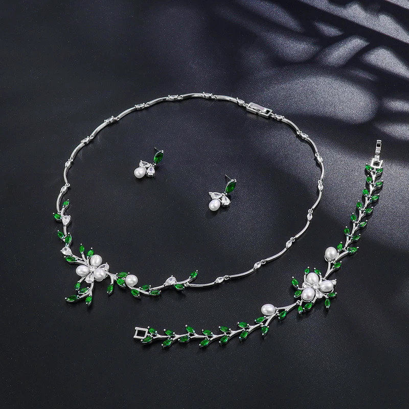 WEIMANJINGDIAN Wedding Zircon and Pearl Vine Necklace Bracelet and Earrings Bridal Jewelry Set Blue Green Lilac 241031