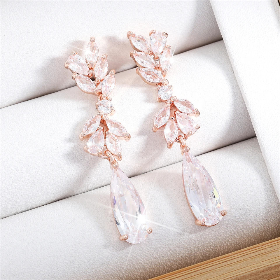ZAKOL White Zircon Leaf Dangle Earrings for Women Shinny Water Drop Crystal Flower Pendant Earring Bridal Wedding Jewelry 241031