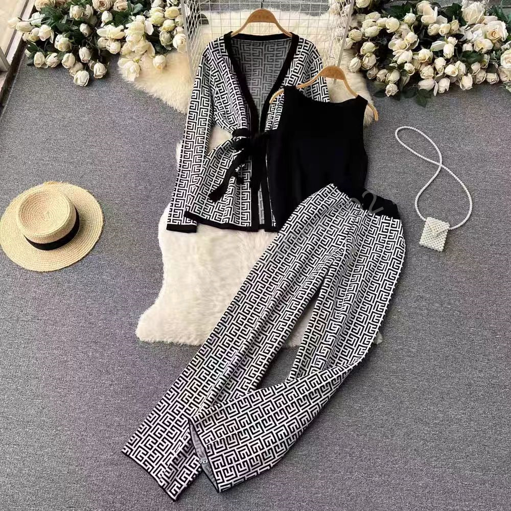 designer women two pcs pants long sleeves long pants knitting strechy clothes knitted cardgan casual outfit office cloth graphic pattern-2