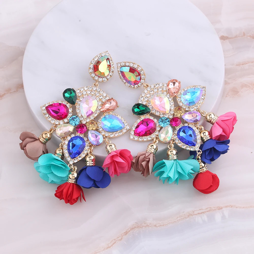 Indian womens earrings bohemian colored floral fringe earrings rhinestone pendant crystal statement earrings jewelry 241031