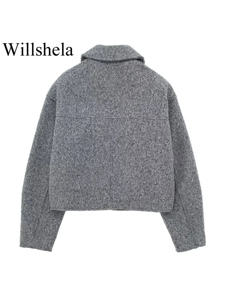 Willshela Women Fashion With Pockets Grey Front Zipper Jackets Vintage Lapel Neck Long Sleeves Female Chic Lady Outfits 241024