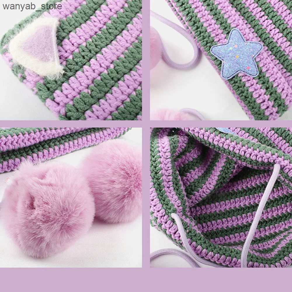 Wide Brim Bucket Handmade Y2k Japanese Cat Ear Beanies Rabbit Hair Pom-pom Striped Sweetheart Girl Knit Cap Autumn and Winter Warm Womens Hats L240910