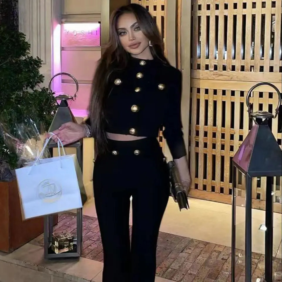 Womens autumn long sleeved gold button elastic bandage black top long pants casual holiday fashion set 241031