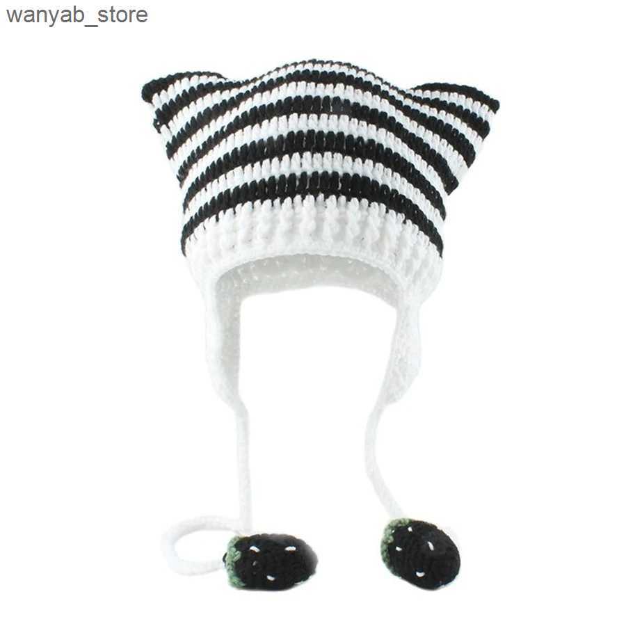 Wide Brim Hats Bucket Hats Autumn Winter Skullies Beanies Cute Women Cat Ears Knitted Hat Handmade Crochet Earflap Costume Beanie Hats Girls Hip-hop C