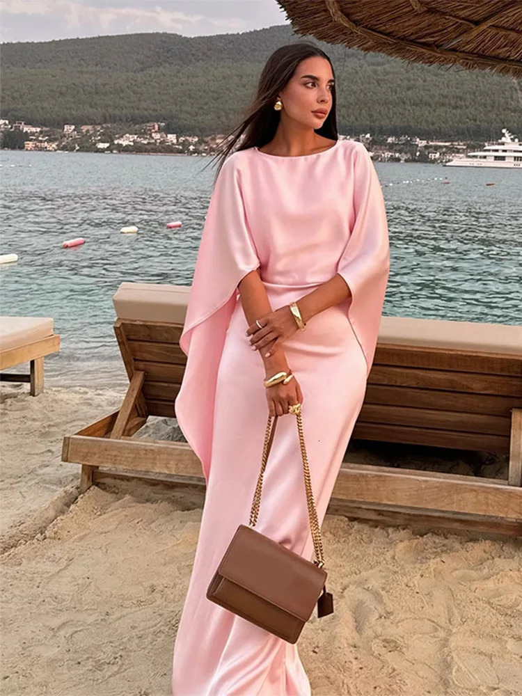 Pink Satin Cloak Long Sleeve Loose Robes For Women Elegant O Neck High Waist Slim Long Dress Ladies Club Evening Party Gowns 241031
