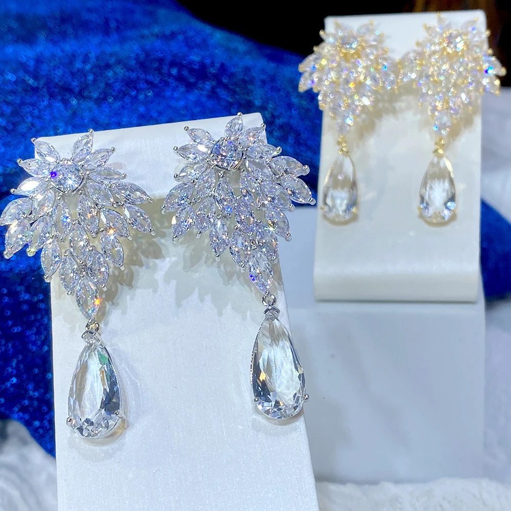 Gold and Silver African Nigeria Cubic Zirconia Long Water Drop Pendant Wedding Party Earrings 241031