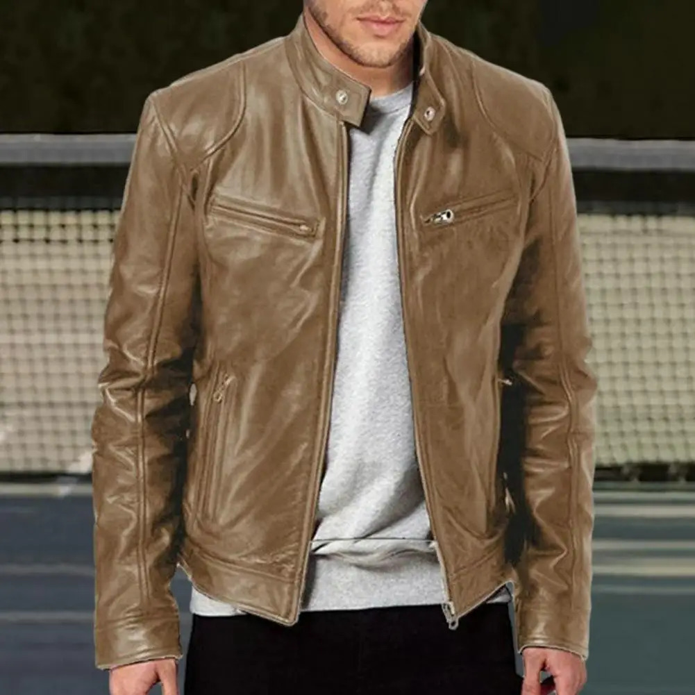 Mens motorcycle leather jacket ultra-thin slim fit short jacket lapel PU jacket autumn zipper holder windproof leather jacket mens clothing 241031