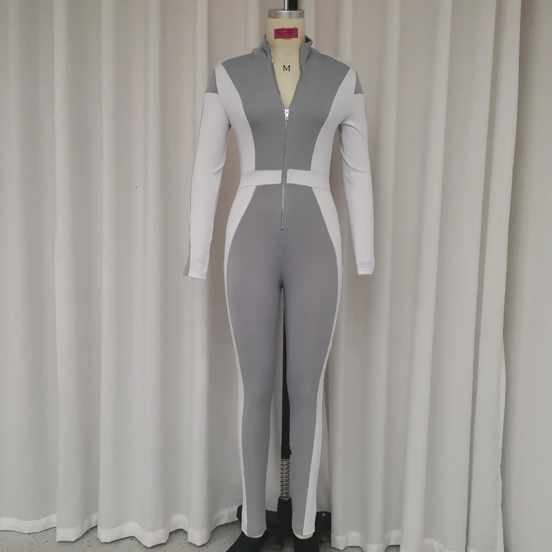 Wefads Women Jumpsuit Autumn Fashion Lapel Long Sleeve Color Block Zipper Romper Casual Bodycon Tracksuit High Streetwear 241031