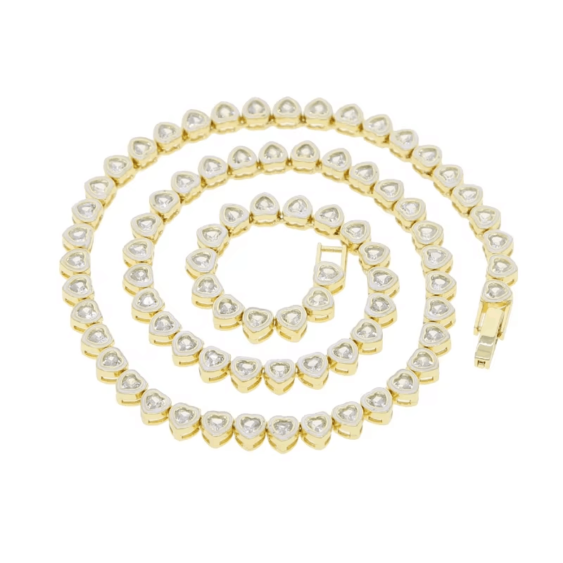 Iced Out Rainbow Heart Zircon Choker Necklace | Gold Plated Cubic Zirconia Fashion Jewelry for Women Men