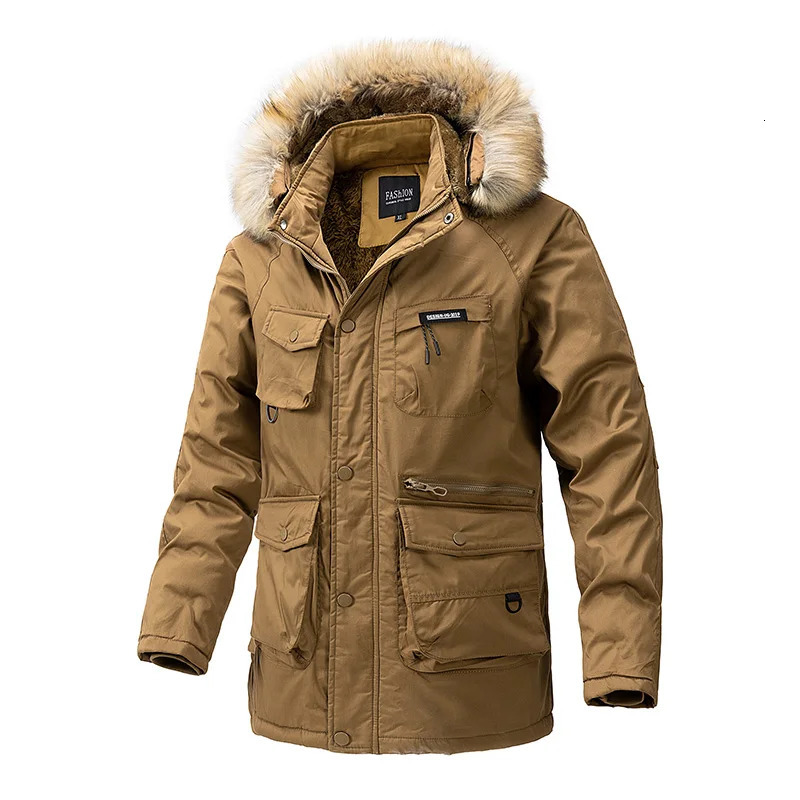 Mens padded Clothing Autumn Winter Fashion Warm Thickened Outdoor Hooded Fur Collar Trench Coat Medium Length Jacket 241031