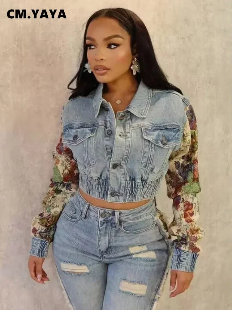 CM.YAYA Women Fashion Floral Printed Long Sleeve Patchwork Denim Jacket 2024 Fall Winter Female Streetwear Jean Denim Coat 241031