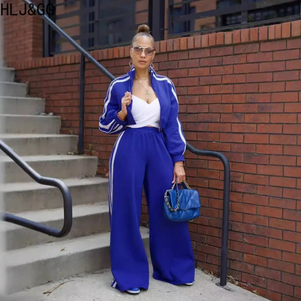 HLJ GG Casual Stripe Print Wide Leg Pants Tracksuits Women Zip Long Sleeve Coat And Pocket Straight Two Piece Sets Outfits 241029