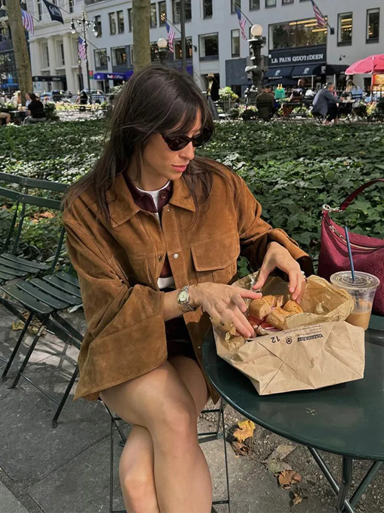 Single Chest Suede Jacket Retro Solid Collar Full Sleeve Pocket Short Womens Fashion Coat 241031