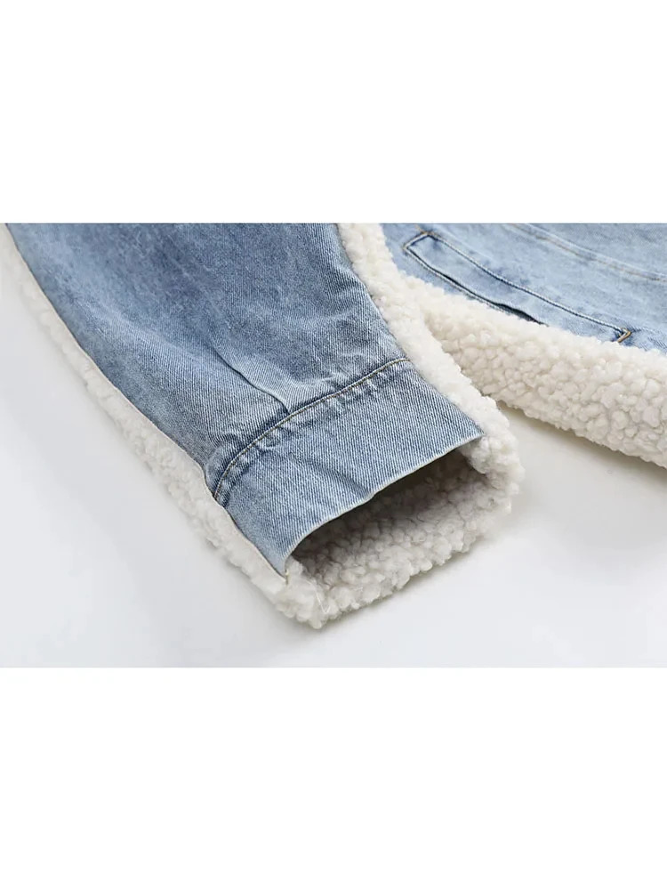 Womens Patchwork Fleece Denim Jacket Vintage Harajuku Long Sleeve Jean Jacket Outerwear Korean Y2k Denim Coat 2000s 90s Clothes 241031
