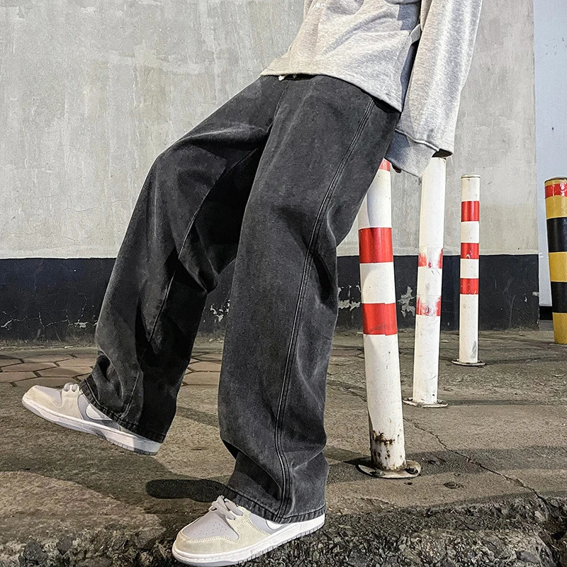 Mens Jeans Korean Version Student Casual Pants High Street Straight Loose Wide Leg Black Grey Blue Baggy 241024