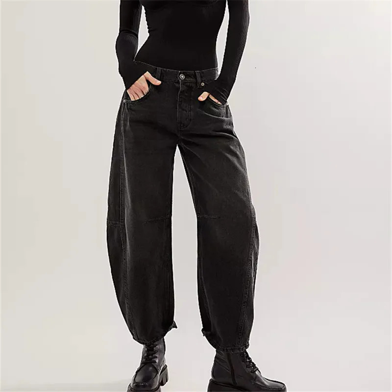 Barrel Jeans Women Casual Baggy Wide Leg Horseshoe Denim Pants Y2k Boyfriend Vintage Tapered Jeans Mid Rise Cropped Barrel Pant 241031