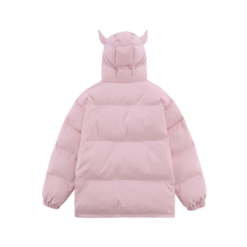 Hooded Parkas Men Winter Devils Horn Solid Color Cotton Padded Jackets Women Loose Hip Hop Harajuku Puffer Bubble Outwear Coats 241031