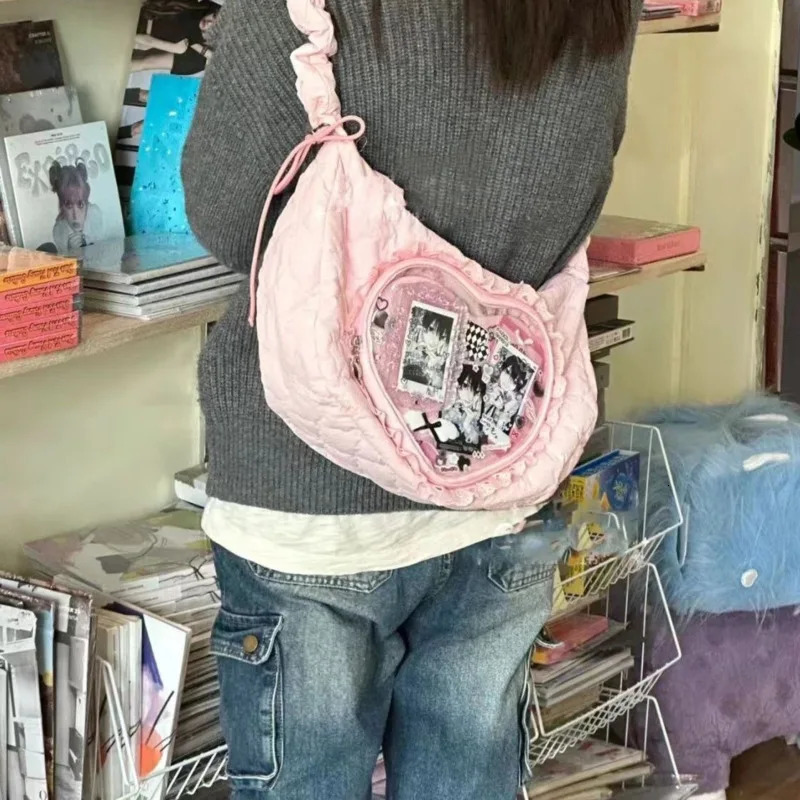 Lace Love Animation Pain Bag Cute Drawstring Single Shoulder Cross Body Bag Large Capacity Shopping Zipper Doll Bag 241031