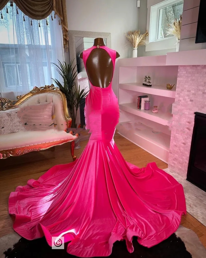 Hot Pink Veet Prom Dresses For Black Girls 2024 Sheer Neck CrystalSexy Backless Plus Size Birthday Party Gowns Robe De Bal