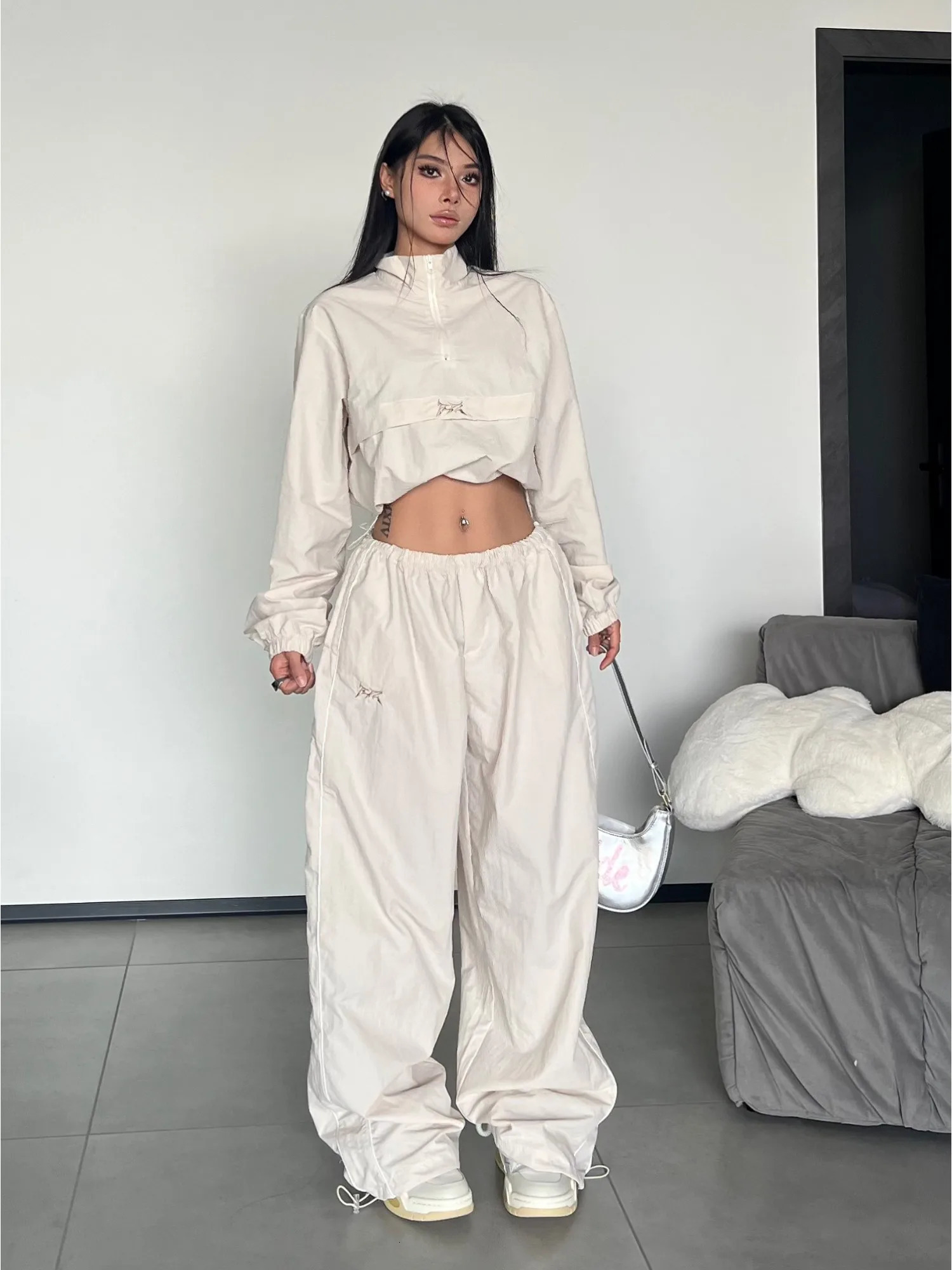 QWEEK Y2K Streetwear Khaki Pants Sets Women Gorpcore Vintage 90s Beige Tracksuit Oversized Kpop Fashion Harajuku Two Piece Set 240320