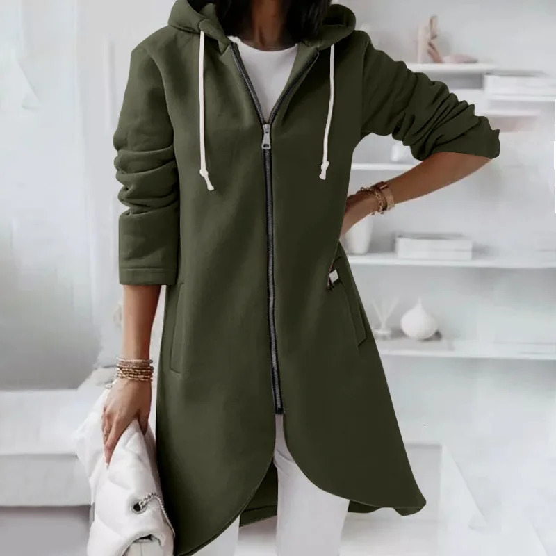 Autumn Casual Women Long Hoodies Sweatshirt Coat Zip Up Outerwears Hooded Jacket Winter Pockets Outwear Female Warm Tops 240318