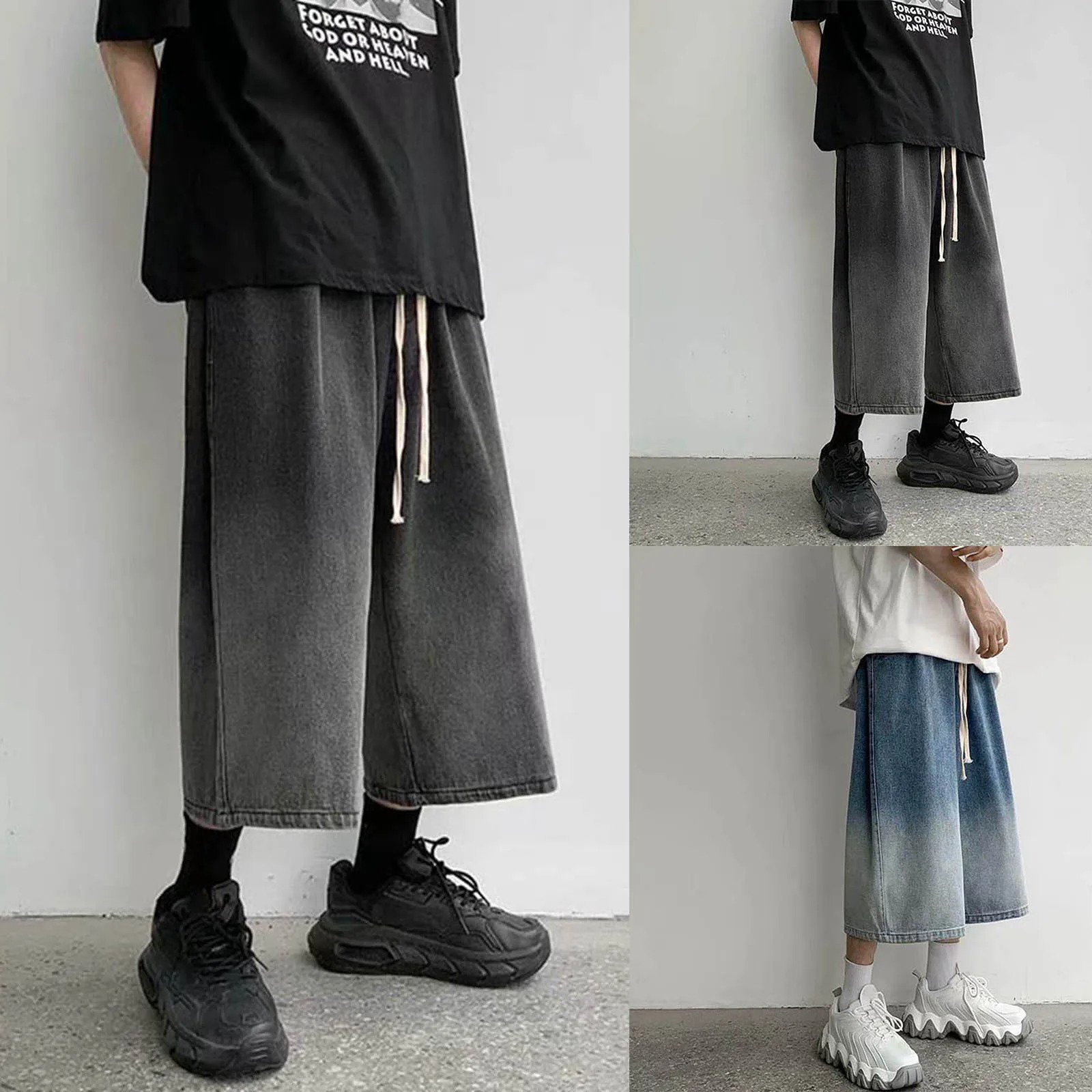 2024 Summer Mens Denim Shorts Casual Elastic Waist Wide Leg Drawstring Baggy Jeans Male 241024