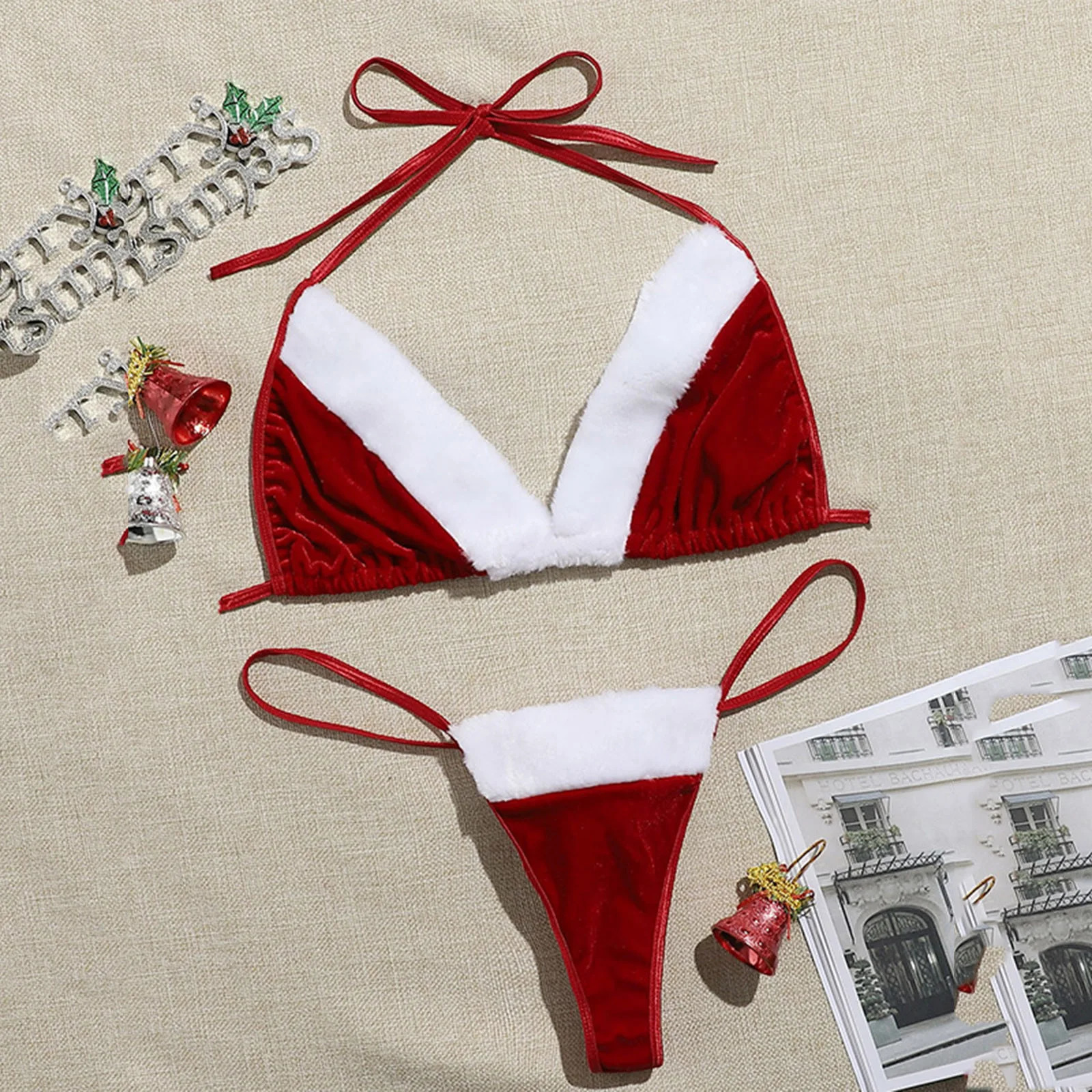 Christmas Santa Role Play Sexy Lingerie Sets Women Plush Low Cut Lace Up Bra With Thongs Xmas Chemise Sexy Underwear Sets 241031