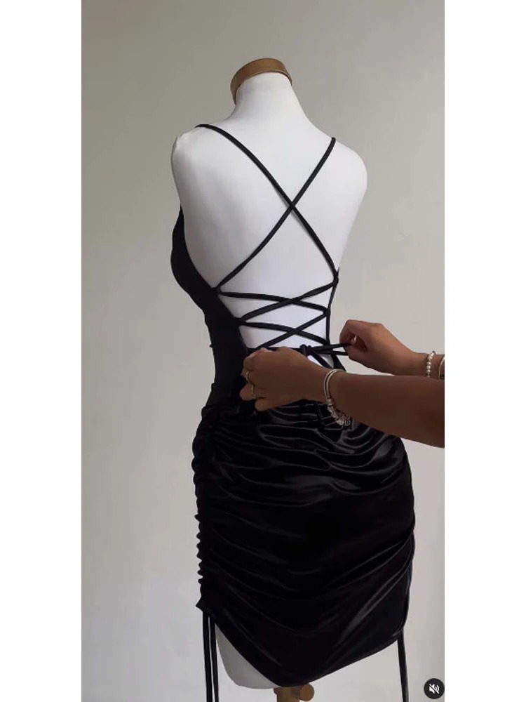 Sexy Satin Lace Up Bodycon Mini Dres Sleeveless Backless Party Club Dresses Streetwear Elegant Evening Clothes Black Robe 241031