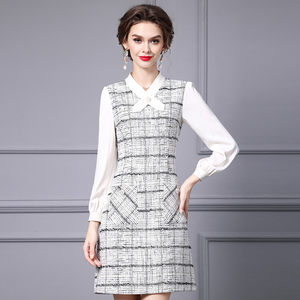 OC 413n57 Women's Dress Handmade Basic Casual Dresses Autumn and Winter Coarse Floral Woolen Commuting Skirt Customization Plaid Top