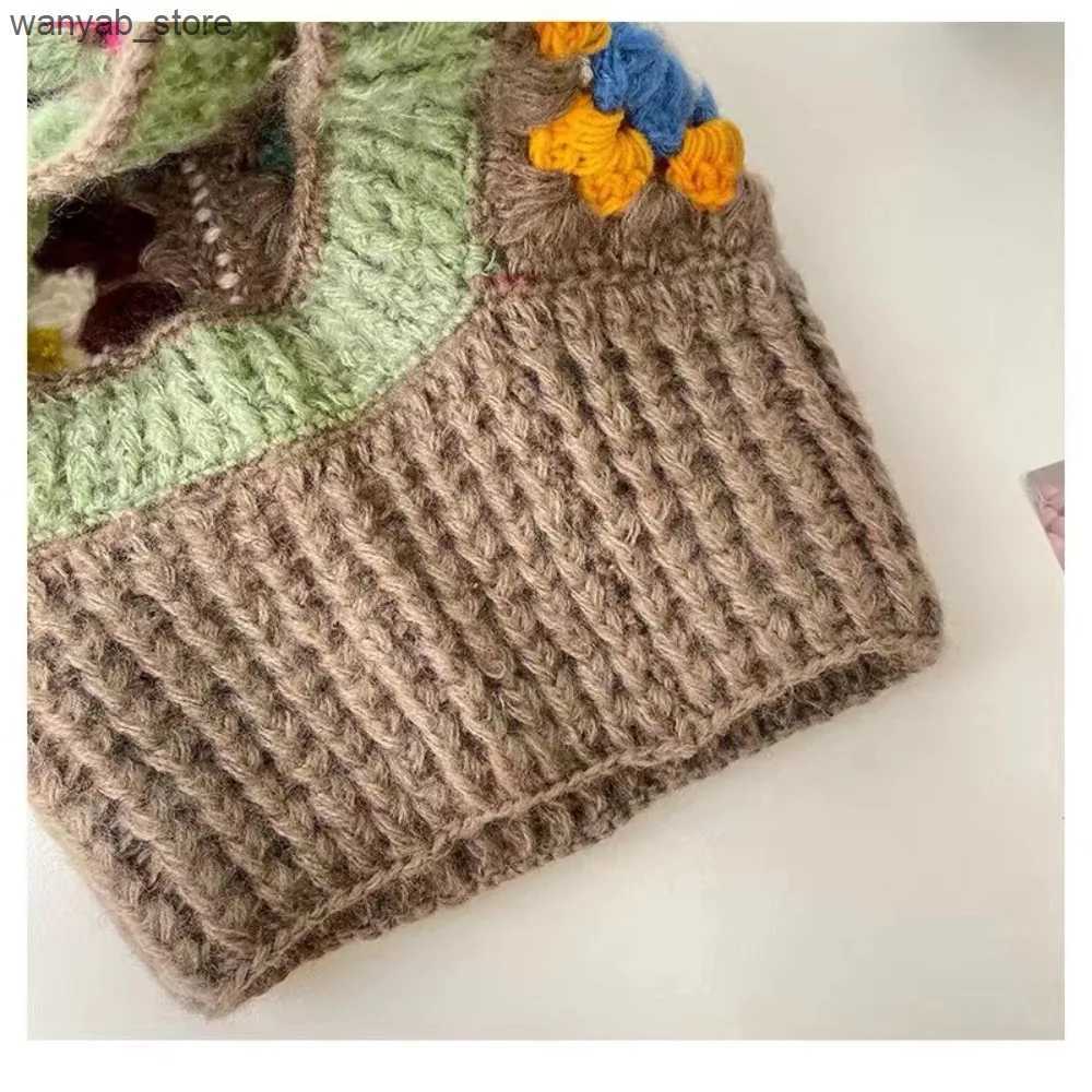 Wide Brim Hats Bucket Hats High Quality Knitting Handmade Crochet Hats Ear Protection Colorful Knitted Pullover Hat Knitted Hooded Caps L240910