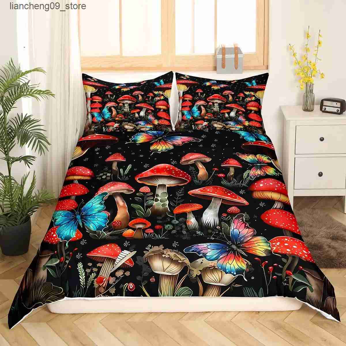Bedding sets Red Mushroom Kawaii Comforter Set Twin Size Kids Bedding Set Botanical Plant Theme Print Quilt Bed Set for Boys Girls Adults L240910