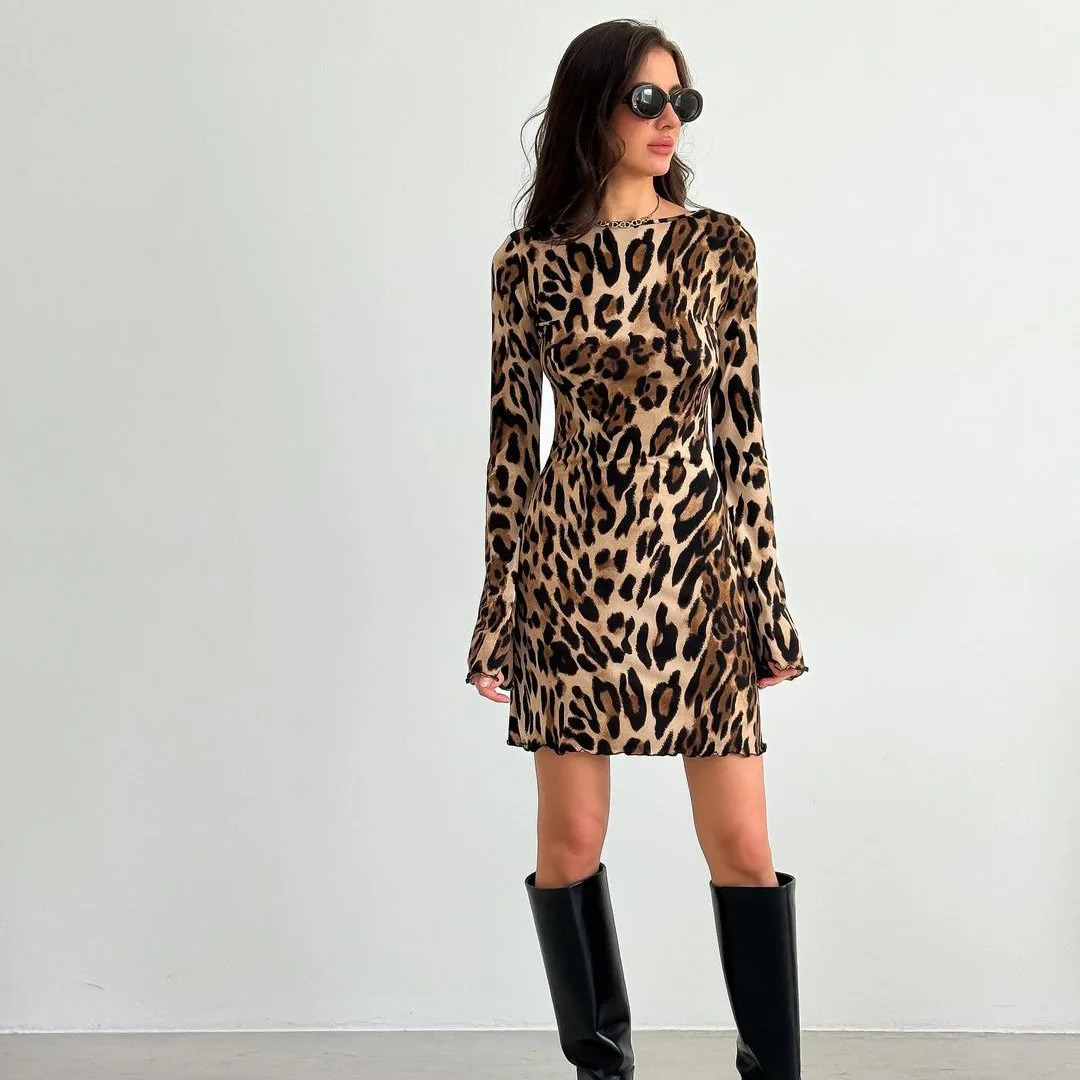 2024 Leopard Print Mesh Long Sleeve Sexy Slim See Through Maxi Dress Summer Women Fashion Outfits Beach Vacation Club 241031