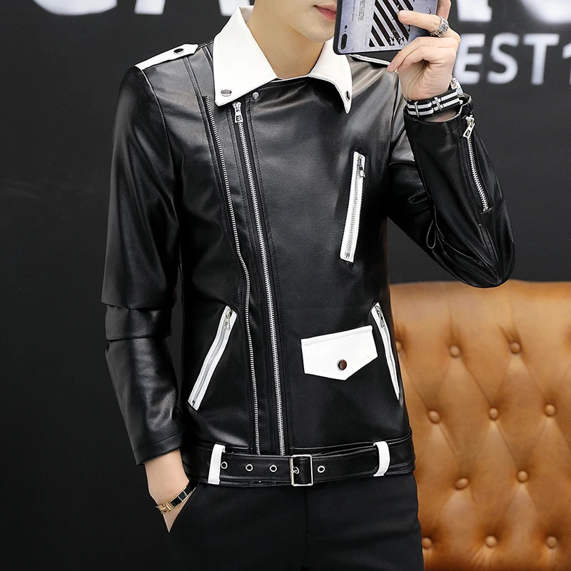 ly ned motorcycle bomber belt jacket mens autumn collar ultra-thin fit mens leather jacket 241031