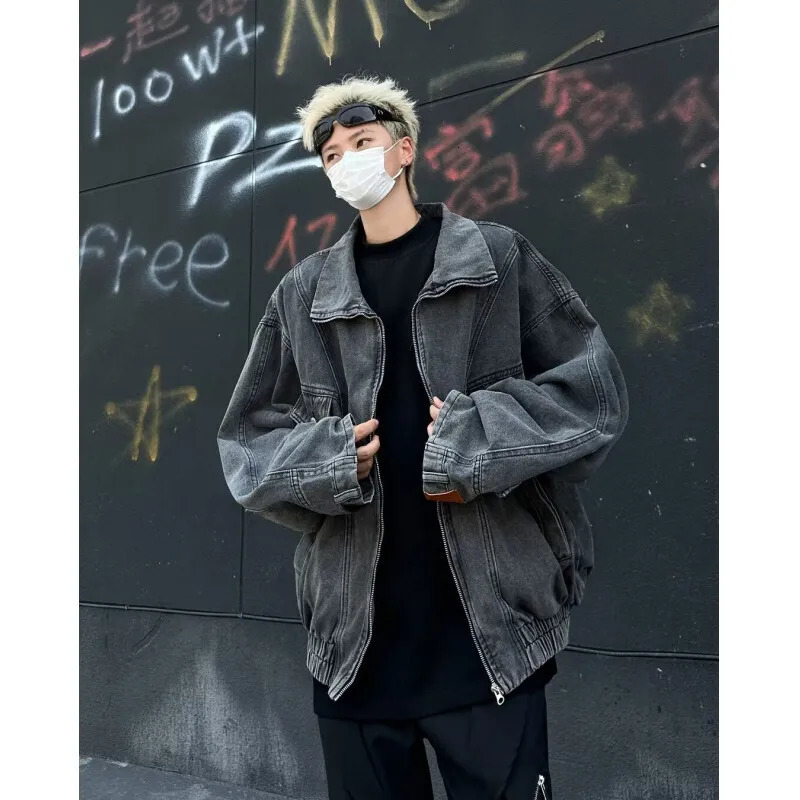 PFNW Washed Inverted Denim Jacket American Vintage Workwear Zipper Lapel Mens Trendy Oversize Coat Autumn 12C1140 241031