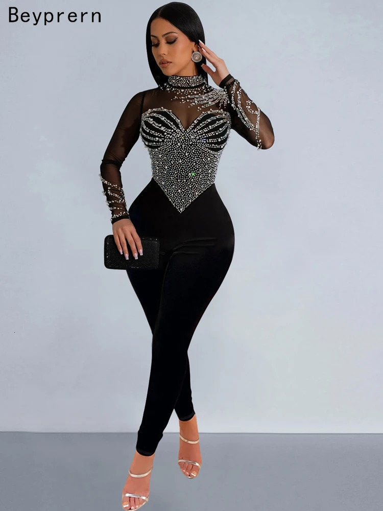 Beyprern Womens Sheer Mesh Crystal Jumpsuits One Piece Outfits Glam Fitted Long Sleeve Pearls Rhinestone Rompers Club Overalls 241031