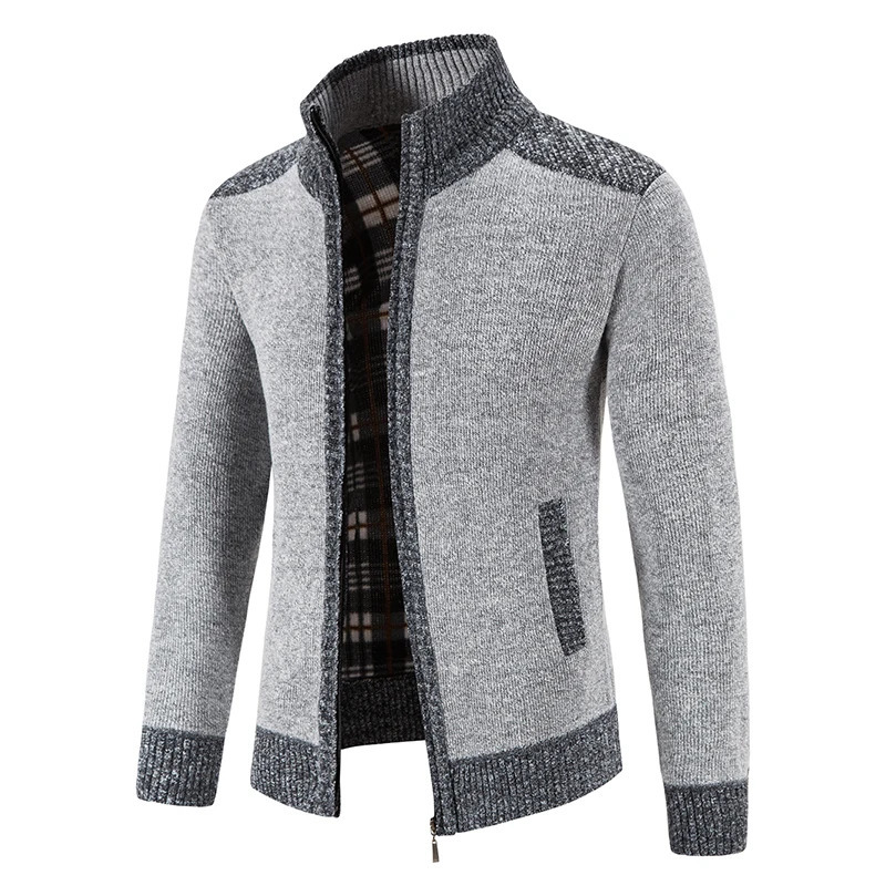 Autumn Winter Male Sweater Coat Knit Jumpers Fleece Warm Jacket Korean Mock Collar Patchworked Zip Windbreaker Mens Overcoat 241031