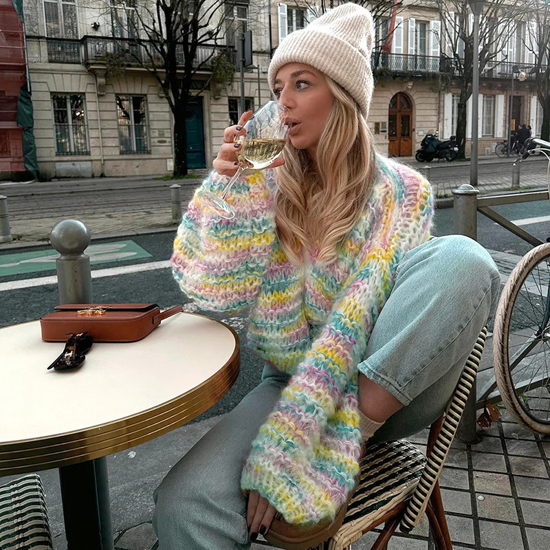 BUILDINGB Fashion Ladies V-Neck Long Sleeve Cardigan Autumn Streetwear Loose Coats Elegant Rainbow Crochet Hollow Knitted 240323