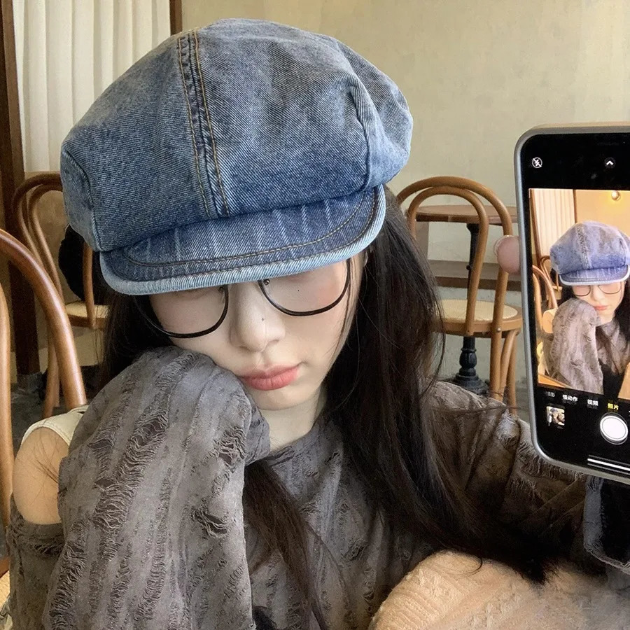 Cowboy Beret Lady Spring Autumn Big Head Round Short Eave Show Face Small Artistic sboy Cap Outdoor Fashion M537 241031