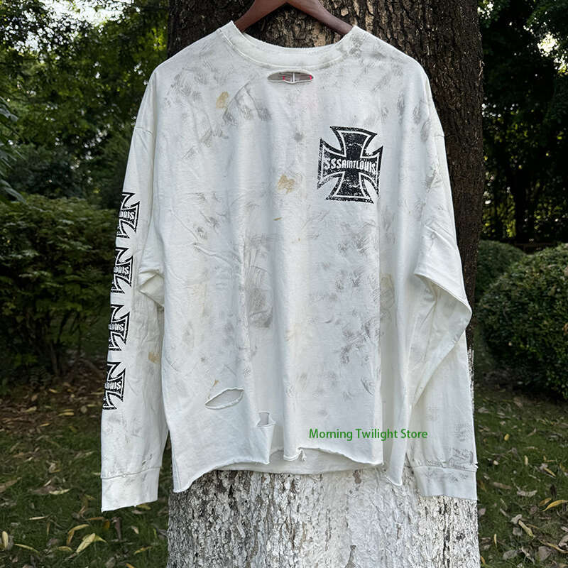 Saint O-Neck Cross Shape Vintage T Shirt Graffiti American Style High Street Casual Couple Autumn Tops