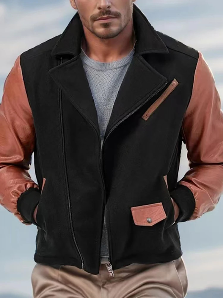 Autumn Winter Mens Casual Sports Loose Stand Collar PU Leather Color block Jacket Streetwear Fashion Zipup Lapel Jackets 241031