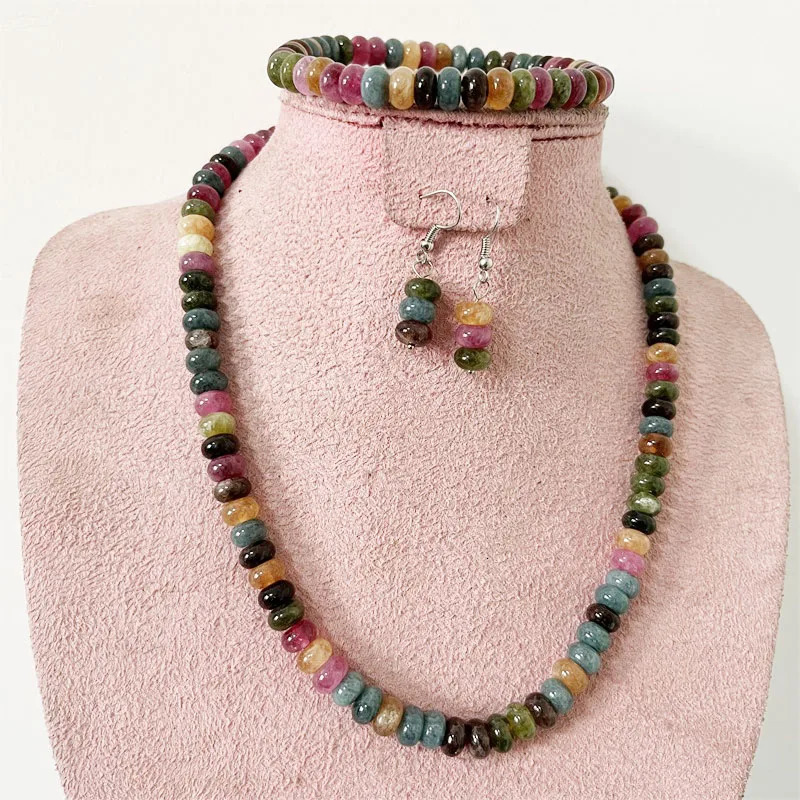 Rare 5 * 8MM tourmaline natural stone jewelry set colorful bead necklace earrings bracelet chain necklace trend simple n party 241031