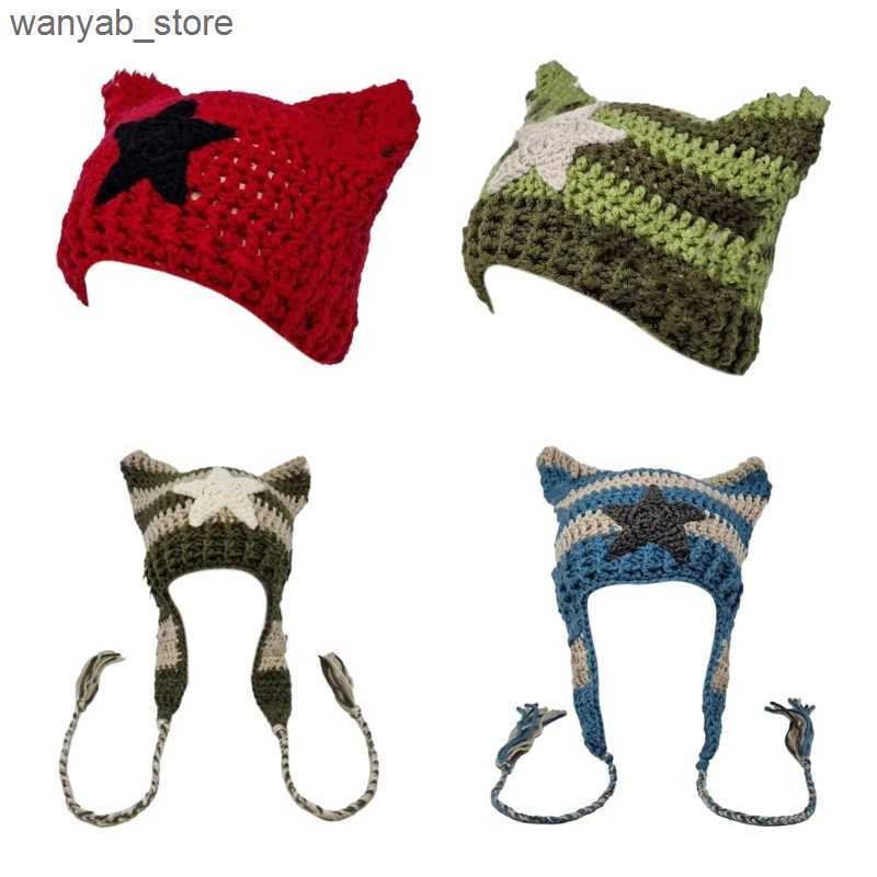 Wide Brim Hats Bucket Hats Y1UB Handmade Crochet Beanie Hat Ear Soft Skull Hat Teens Girls Y2K Ear Muff Hat L240910