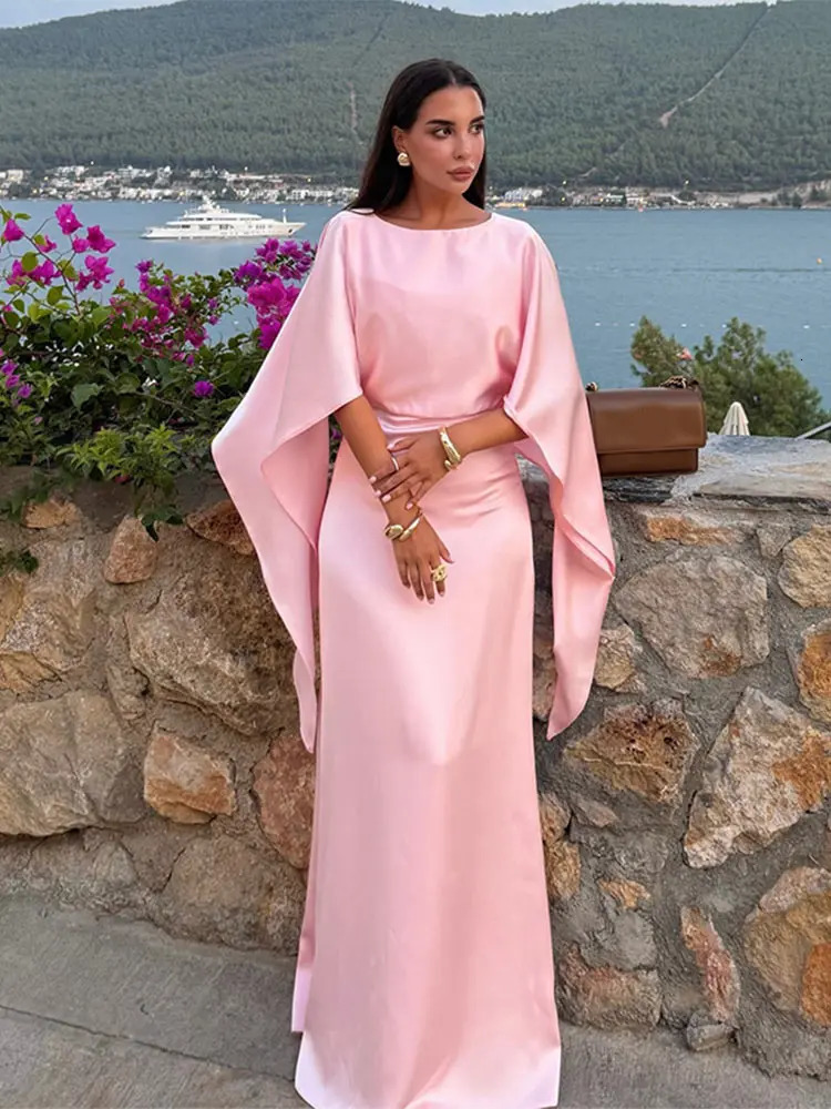 Pink Satin Cloak Long Sleeve Loose Robes For Women Elegant O Neck High Waist Slim Long Dress Ladies Club Evening Party Gowns 241031