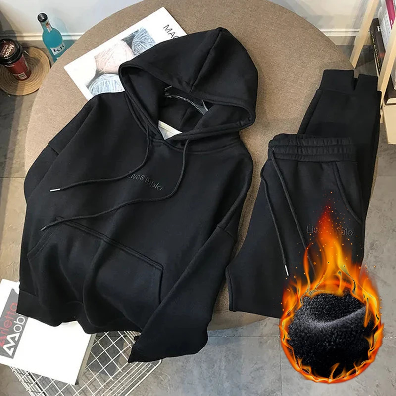 Winter Jogger 2 Pieces Sets Warm Hooded Sweatshirt Tracksuit High Waist Harem Pants Suits Plush Lined Thick Baggy Conjuntos 241031