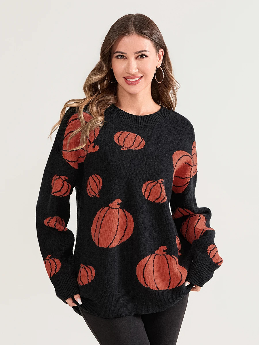 Women Halloween Knit Sweater Ghost Pattern Long Sleeve Round Neck Pullovers Fall Winter Casual Jumpers Tops with Spooky Vibes 241029