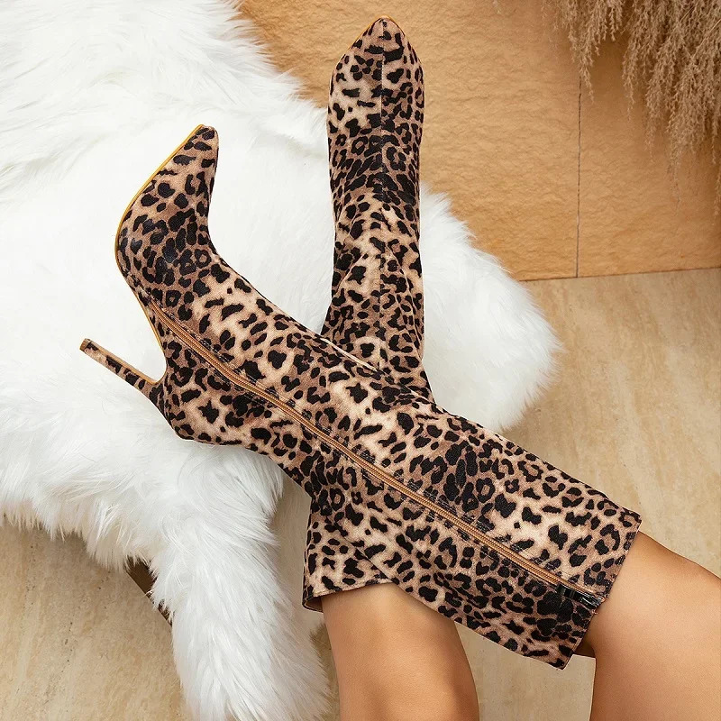 Women Leopard Print Boots Fashion Knee-High Pointed Toe Thin High Heels Shoes Zipper Long Booties Fashion Show Autumn Winter 241031