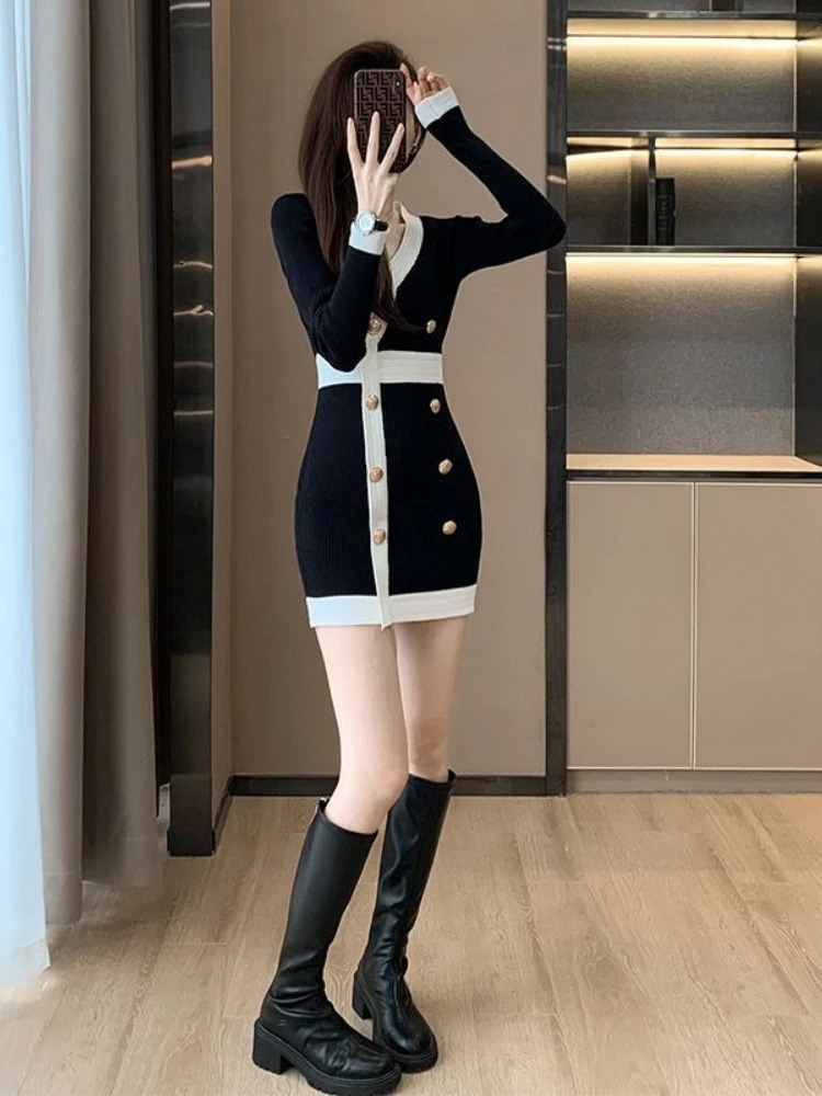 Female Knit Dress Color Matching V Neck Bodycon Short Womens Crochet Dresses Extreme Mini in Elegant Chic Autumn and Winter 241031