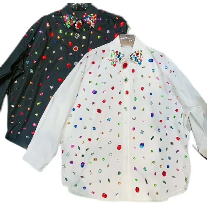 Female Rainbow Color Diamonds Shirts Rhinestones Beaded White Blouse Spring Fall Single Breasted Vintage OL Cardigan Tops Blusas 240321